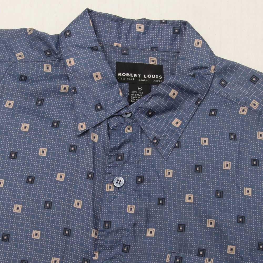 ROBERT LOUIS Men's XL Blue Geometric 100% Silk Short Sleeve Button Down Shirt
